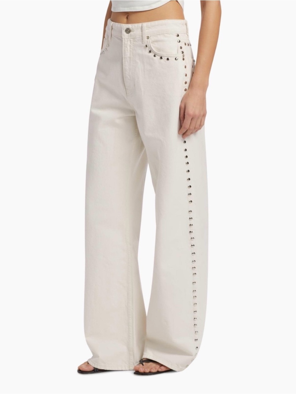 Reformation Cary High Rise Slouchy Wide Leg Jeans Studded Fior Di Latte Size 28